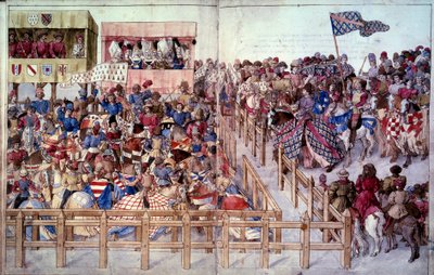 Torneo: Los caballeros giratorios hacen juramentos en la competencia frente a las gradas de los señores. Miniatura en “Tratado de torneos” de Unknown artist