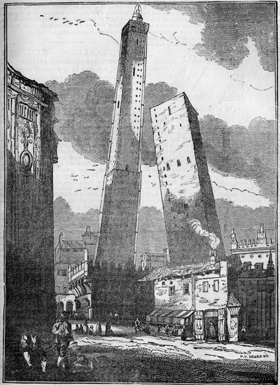 Torres de Bolonia - la torre Asinelli y la más pequeña torre Garisenda - grabado del siglo XIX de Unknown artist