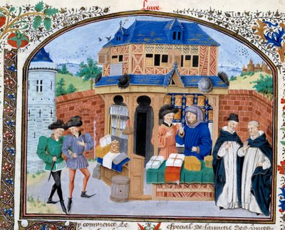 Comercio: una tienda de mercader. Miniatura del manuscrito "Comentario sobre la Ética" del filósofo griego Aristóteles (383-322 a.C.) traducido por Nicolás Oresme (1325-1382) de Unknown artist