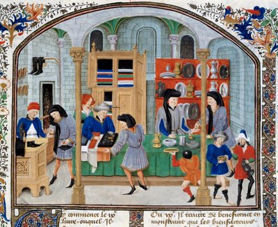 Escena de comercio: comerciantes en una tienda presentan vajillas y cubiertos de plata a sus clientes. Miniatura tomada de una edición de “Ética, Política y Economía” del filósofo griego Aristóteles (384-322 a.C.) de Unknown artist