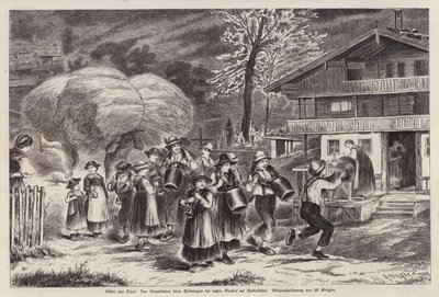 Toque tradicional de cencerros para celebrar la llegada de la última cosecha en Alpbachtal, Tirol, Austria (grabado) de Unknown artist