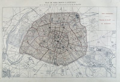 Transformaciones de París bajo el Segundo Imperio, Haussmann París. Plano de París desde la anexión con su división en 20 distritos, de acuerdo con la ley del 16 de junio de 1859 - en “Atlas administrativos de los distritos de la Ciudad de París” de Unknown artist