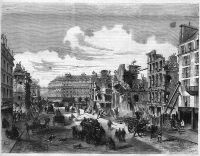 Transformaciones de París bajo el Segundo Imperio, París Haussmann (Boulevard, obras de Haussmann): demolición de la Rue de la Paix para la apertura de la Rue Réaumur. Grabado en “El Universo Ilustre” de Unknown artist