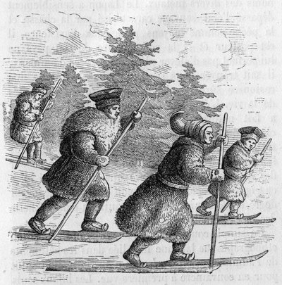 Transporte en Laponia: Lapones y sus patines. de Unknown artist
