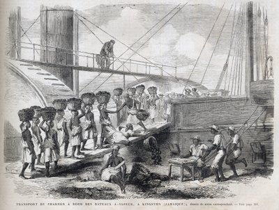 Transporte de carbón a bordo de barcos de vapor en Kingston (Jamaica) - Carga de carbón en Kingston - Jamaica - 1866 Grabado de “El Universo Ilustre” 1866 de Unknown artist