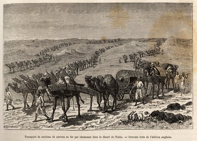 Transporte de secciones de barco de hierro por camellos, en el desierto de Nubia (Sudán), grabado ilustrando una expedición armada en África Central, para la supresión del comercio negro de Unknown artist
