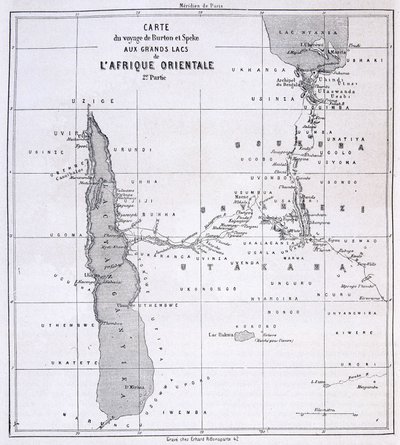 Mapa de viaje de Richard Francis Burton, explorador británico (1821-1890) y Speke a los Grandes Lagos de África Oriental 1857-59 - en Tour du Monde de Unknown artist