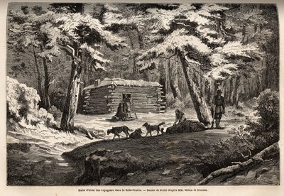 Cabaña de invierno del viajero en el hermoso prado (Canadá), refugio para tramperos y sus trineos. Grabado para ilustrar el viaje del Atlántico al Pacífico (ruta del noroeste por tierra), en 1862-1864 por el Vizconde Milton y el Doctor Cheadle, en "Le tour de Unknown artist