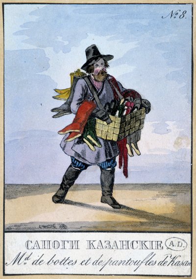 Comerciante ambulante de botas y zapatillas por Kasan - Grabado del siglo XIX de Unknown artist
