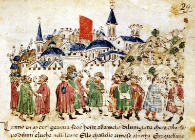 Peregrinos viajeros llegan a Roma. Siglo XIV. Crónicas Sercambi. Lucca, Archivos Nacionales. de Unknown artist