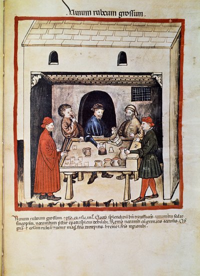 Tratado de un médico: "vino tinto, grupo de hombres en una taberna bebiendo vino". Página tomada de "Tacuinum sanitatis" (Cod. ser. nov. 2644) Alrededor de 1400. Viena, Biblioteca Nacional de Austria de Unknown artist