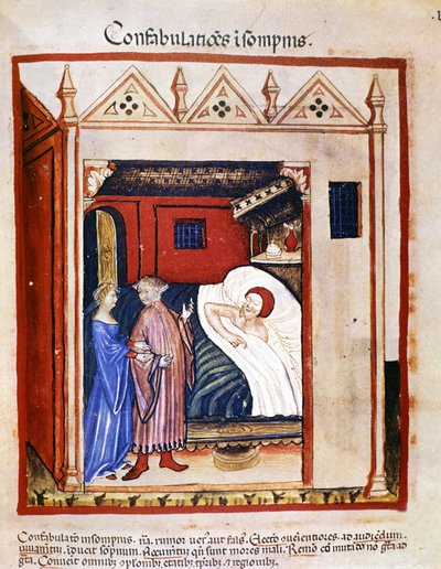 Tratado de medicina “Tacuinum sanitatis” del siglo XIV: personas hablando durante su sueño. Siglo XIV. B.N, Viena. de Unknown artist