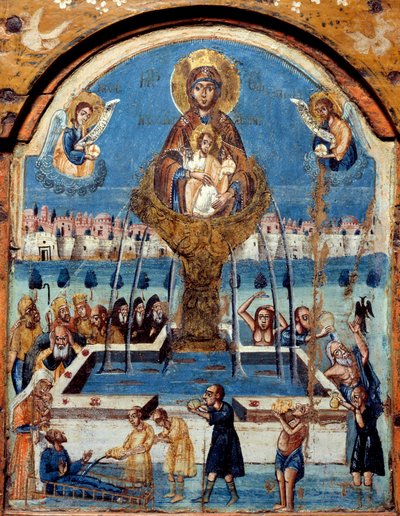 Tríptico de la Virgen, fuente de vida La Virgen corona sobre una fuente milagrosa de agua. Panel central, pintura sobre madera del Medio Oriente. Siglo XIX Museo de Bellas Artes de Ruan de Unknown artist
