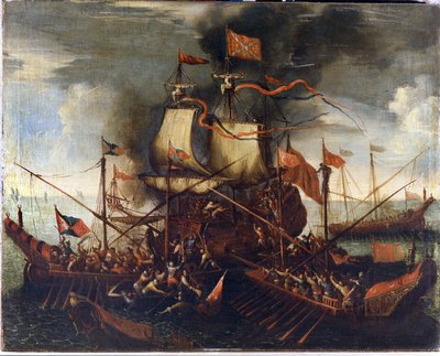 Galeras turcas se acercan a un barco veneciano de Unknown artist