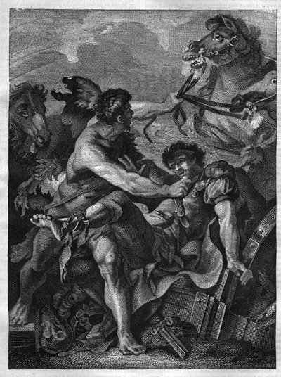 Doce trabajos de Hércules: Diomedes asesinado por Hércules y devorado por sus propios caballos. Grabado después de la pintura de Jean-Baptiste-Marie Peter. de Unknown artist