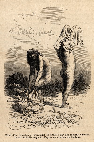 Dos indios Siriniris intentan ponerse pantalones y chaleco. Grabado para ilustrar el viaje en los valles de Quinquinas (Perú), por Paul Marcoy de Unknown artist