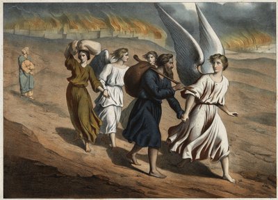 Dos ángeles guían a Lot y sus hijas que deben abandonar la ciudad de Sodoma, que, al igual que Gomorra, es destruida por Dios. La esposa de Lot que regresa a la ciudad a pesar de la prohibición será petrificada como una estatua de sal. Grabado anónimo de m de Unknown artist