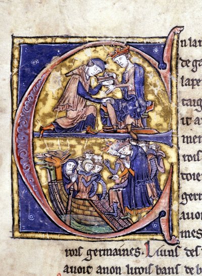 Dos reyes de Bretaña: Bans de Berroye (padre de Lancelot) y Boorz de Gaune. Manuscrito: Conquista del Santo Grial, escrito 717 años después de la pasión de nuestro señor. Biblioteca municipal de Rennes, ms. 255 (Colección de novelas de la Mesa Redonda) de Unknown artist