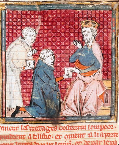 Dos mensajeros anuncian a Carlomagno (742-814) la victoria sobre los sarracenos. Miniatura de 
