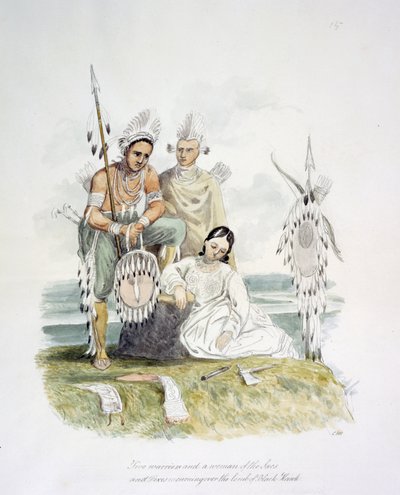 Dos guerreros y una mujer de los Sacs y Foxes de luto sobre la tumba de Black Hawk, c.1843-50 (acuarela) de Unknown artist