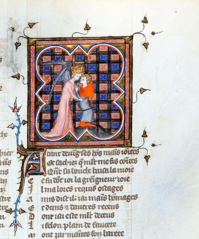 ""Un ángel coronado abrazando a un hombre"" Página iluminada del manuscrito ""Le Roman de la Rose"" de Guillaume de Lorris (hacia 1200-1238) y Jean de Meun (Meung) (1240-1305) hacia 1353 Biblioteca Suiza de Ginebra de Unknown artist