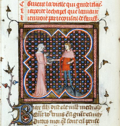 ""Un hombre joven y una anciana"" Página iluminada del manuscrito ""Le Roman de la Rose"" de Guillaume de Lorris (hacia 1200-1238) y Jean de Meun (Meung) (1240-1305) hacia 1353 Suiza Biblioteca de Ginebra de Unknown artist