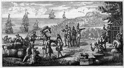 Desembarco de suministros en las colonias francesas de América. Dibujo a pluma en la cabeza de un memorando de Vauban sobre “Las colonias” en el manuscrito de sus “Oisivetes” conservado en el Depósito de Fortificaciones. Grabado en “La Nature: revue des sc de Unknown artist