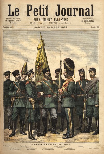 Uniformes de la infantería rusa, aliada de Francia, de izquierda a derecha: el guardia fronterizo, el sargento mayor de los guardias, el regimiento Pavlowski, el oficial, el oficial superior, el granadero del palacio, el uniforme de artillería y el soldado de Unknown artist