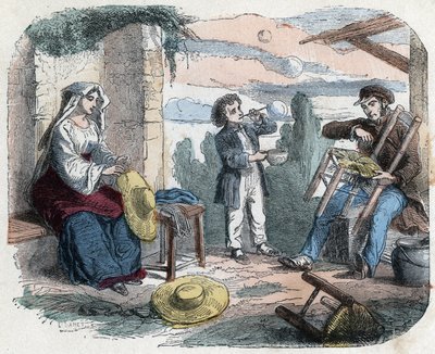 Uso de la paja en el siglo XIX: un hombre rellena una silla con paja, una mujer trenza sombreros (cestería), un niño hace burbujas de jabón con una paja. Grabado de finales del siglo XIX. de Unknown artist