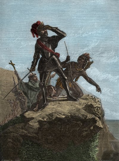 VASCO NÚÑEZ de BALBOA (1475-1519) - explorador español - Balboa descubriendo el Océano Pacífico en 1513 - Conquista del Oeste: Descubrimiento del Océano Pacífico por Vasco Núñez de Balboa en 1513 - grabado después de la pintura de Mr Urdaneta de Unknown artist