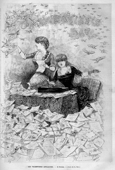 Día de San Valentín 14 de febrero: Los ingleses escriben y reciben cartas de amor de sus Valentinas. Grabado en "Le Monde illustré" 1883. Colección privada. de Unknown artist