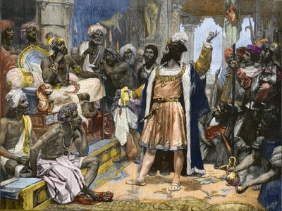 Vasco da Gama entrega la carta del Rey Manuel de Portugal al Samorim de Calicut - después de una pintura, c. de Unknown artist
