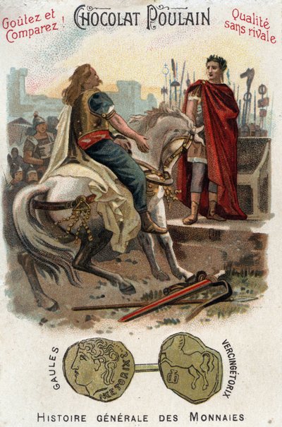 Vercingétorix (72-46 a.C.), líder de la rebelión gala, deposita las armas a los pies de César (100-44 a.C.), tras perder definitivamente la ciudad de Alesia. En Historia General de las Monedas - Cromolitografía de Chocolate-Foal de finales del siglo XIX -  de Unknown artist