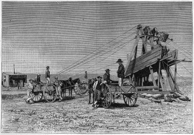 Vista desde la superficie de la mina de diamantes Kimberley en Sudáfrica. Grabado de 1883 de Unknown artist