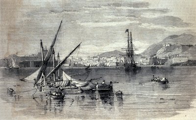 Vista de Corfú en Grecia desde la isla de Vido. Grabado de principios del siglo XIX de Unknown artist