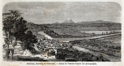 Vista de Homoura, suburbio de Yokohama, con el Monte Fuji al fondo. Grabado para ilustrar el viaje a Japón en 1863-1864, por Aime Humbert, ministro de la Confederación Suiza, en 