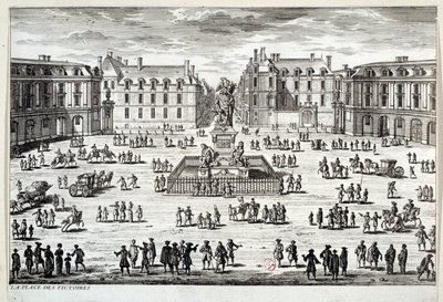 Vista de la Place des Victoires en París con la estatua de Luis XIV levantada por el mariscal de la Feuillade en 1686. Grabado del siglo XVII de Unknown artist