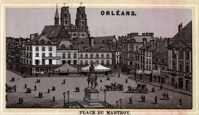 Vista de la Place du Martroy en Orleans, Departamento de Loiret y región Centro, Francia. Cromolitografía de finales del siglo XIX de Unknown artist