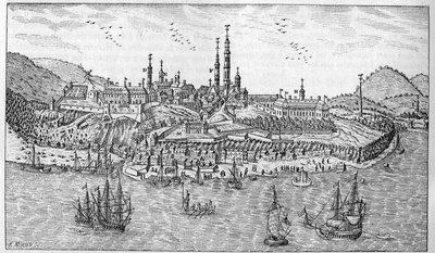 Vista de la ciudad de Quebec en Canadá (finales del siglo XVII): A. Jardín del fuerte. B. El fuerte. C. Almacén de pólvora. D. Los Recoletos. E. Ursulinas. F. Los Jesuitas. G. La catedral. H. El seminario. I. Hotel Dieu. L. Hospital General. Sr. L