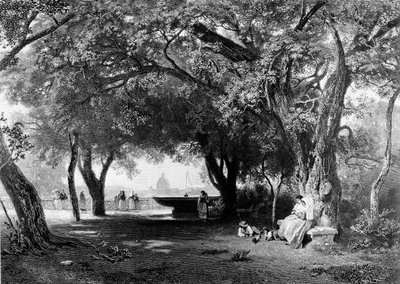 Vista de Roma desde el Pincio donde se encuentra la Villa Medici. Al fondo se ve la cúpula de San Pedro. Grabado, alrededor de 1840. de Unknown artist