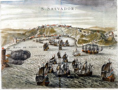 Vista de Salvador, anteriormente conocida como Bahía, capital de Brasil en 1549, cuando fue fundada - Grabado del siglo XVI de Unknown artist