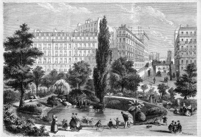 Vista de la Plaza Montholon y el puente de la Rue Bellefond en París en el 9º distrito. Grabado en “L