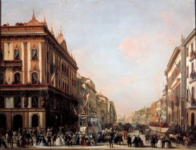 Vista de la calle Venezia con carroza de carnaval, Milán (pintura) de Unknown artist