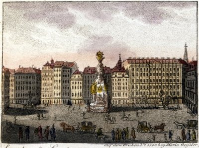 Vista de Viena y la Plaza Graben (hueco) que toma su nombre de la zanja excavada por los romanos para defender la ciudad. Litografía de mediados del siglo XIX. de Unknown artist
