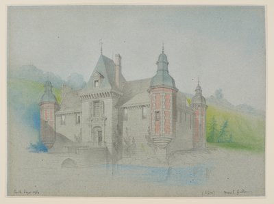 Vista de un castillo sobre un río de Unknown artist