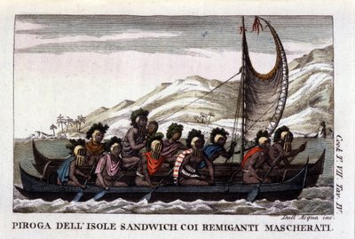 Vista de una canoa con velas de las islas hawaianas en Polinesia, la tripulación lleva máscaras típicas. Litografía de principios del siglo XIX de Unknown artist