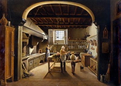 Vista de una cocina: personas ocupadas de Unknown artist