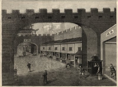 Vista de una calle en las murallas de la ciudad de Guangzhou, China. Grabado en “The Illustrated London News” del 14 de febrero de 1857. de Unknown artist