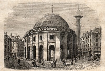 Vista de la Halle au Blé en París (construida entre 1763-1769) y la columna Médici, grabado a principios del siglo XIX de Unknown artist