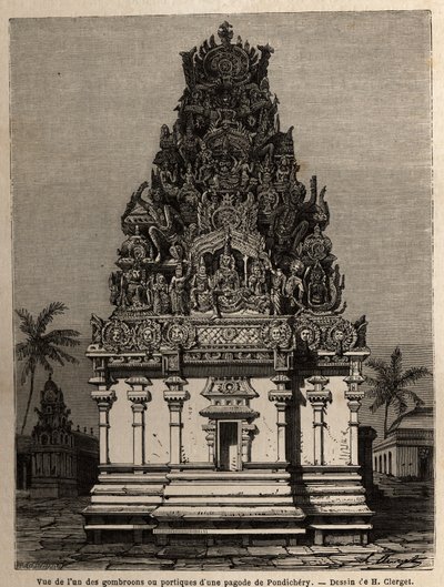 Vista de uno de los gombrooons o pórticos de una pagoda de Pondichery (Pondicherry) (India). Grabado para ilustrar una expedición a la pagoda de Chillambaran (costa de Coromandel), de 1838 a 1844, por el contralmirante Paris, director del depósito de carta de Unknown artist